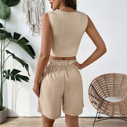 Damen Ärmelloses Zweiteiler-Set mit Knöpfen Eleganter Schnitt