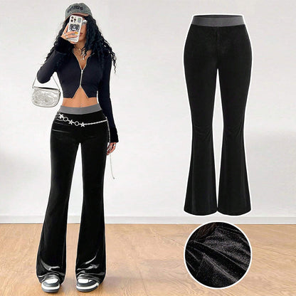 Damen Samt-Hose Flare elastischer Bund schwarz