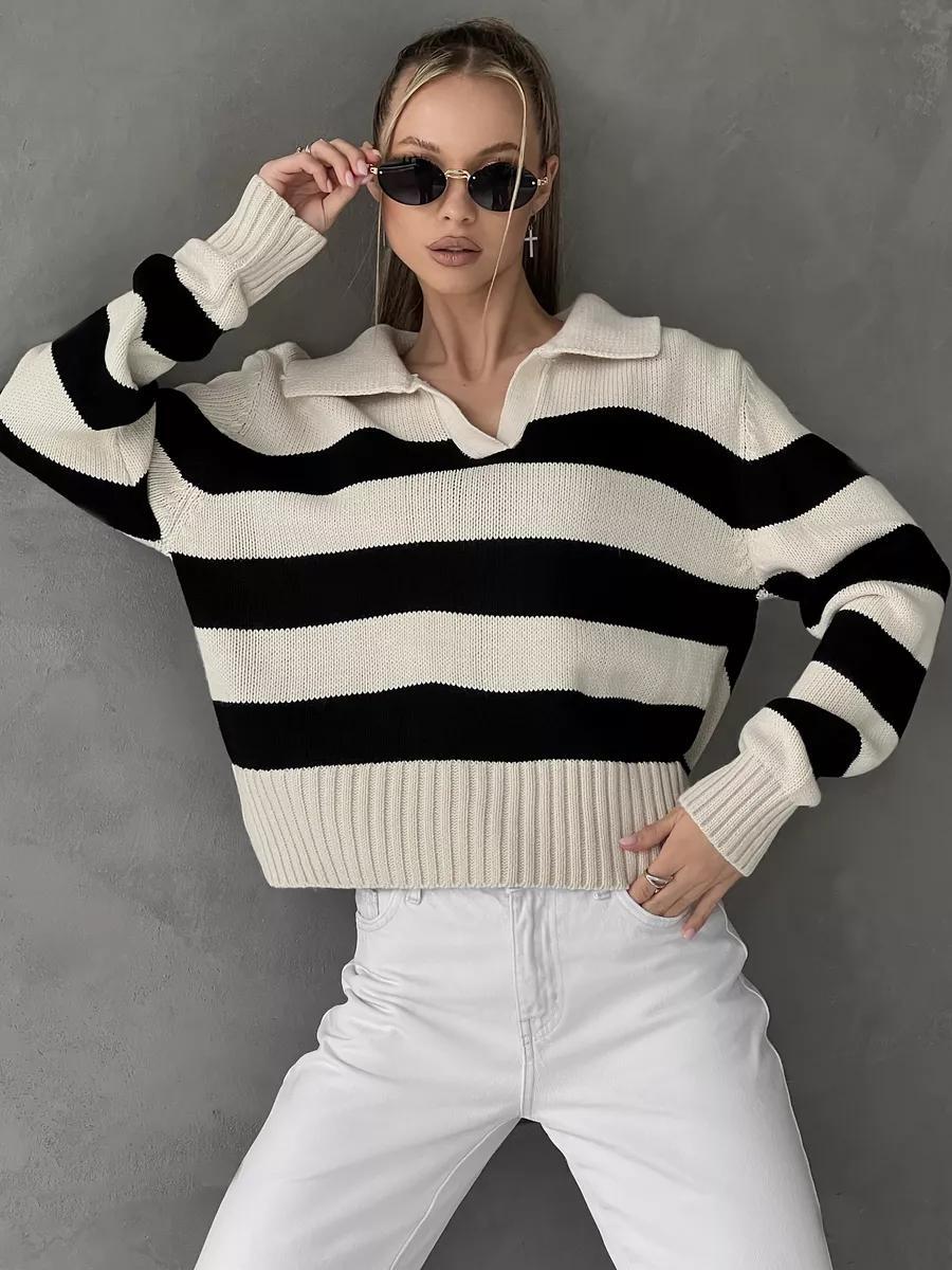 Damen Pullover V-Ausschnitt Breitstreifen Norvielle
