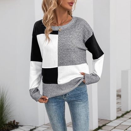 Damen Pullover Patchwork Rundhalsausschnitt Norvielle