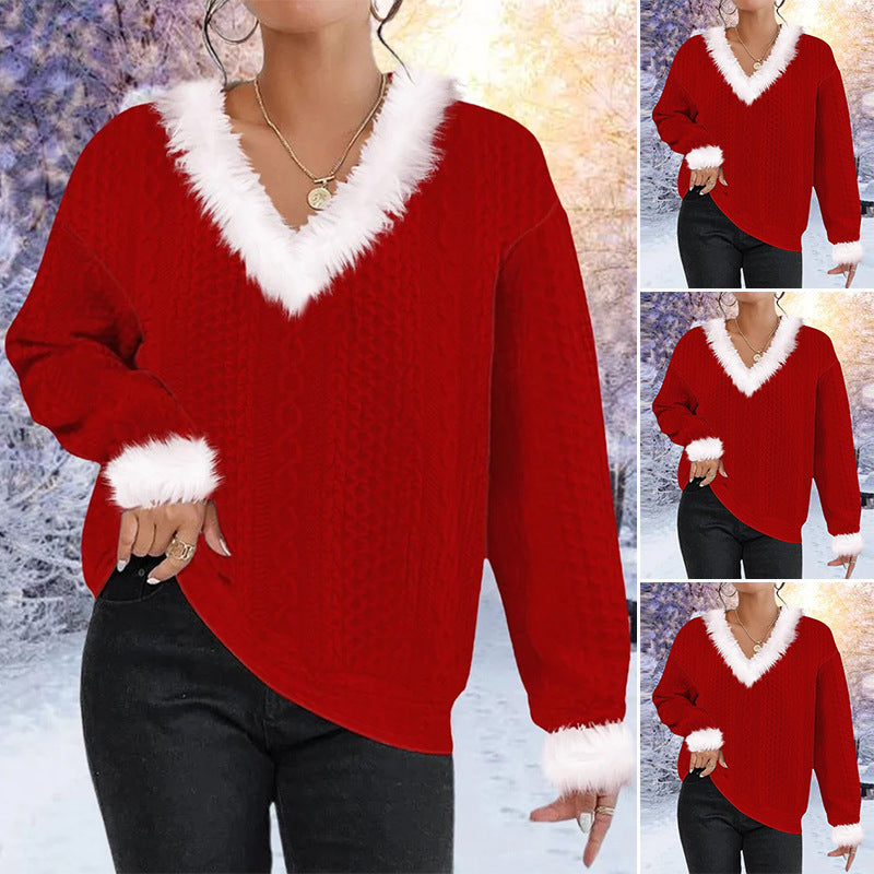 Damen Strickpullover V-Ausschnitt Kontrastpelzbesatz Norvielle - Norvielle