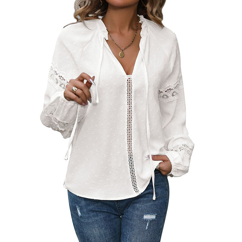 Damen Baumwollbluse Spitze Rüschendetails Elegante Weiß