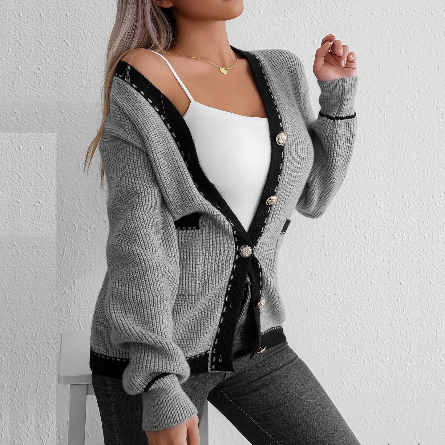 Damen Strickjacke Knopfverschluss Kontrastdetails Norvielle - Norvielle
