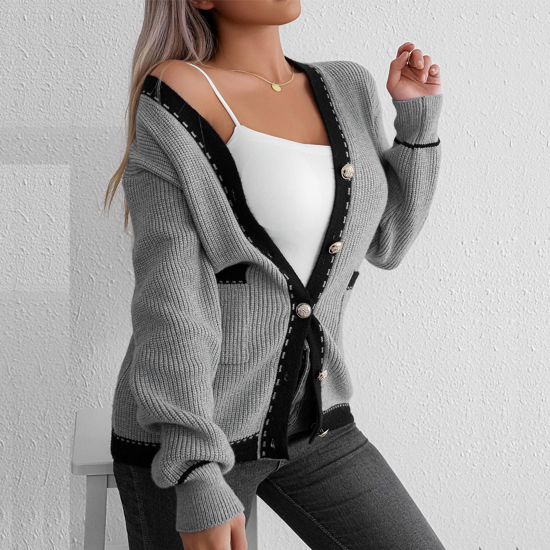 Damen Strickjacke Knopfverschluss Kontrastdetails Norvielle - Norvielle