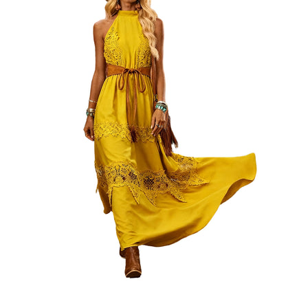 Damen Maxikleid mit Spitzenakzenten und Gürtel Details