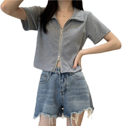 Damen Cropped Poloshirt Strukturierter Stoff Mit Reißverschluss Beige