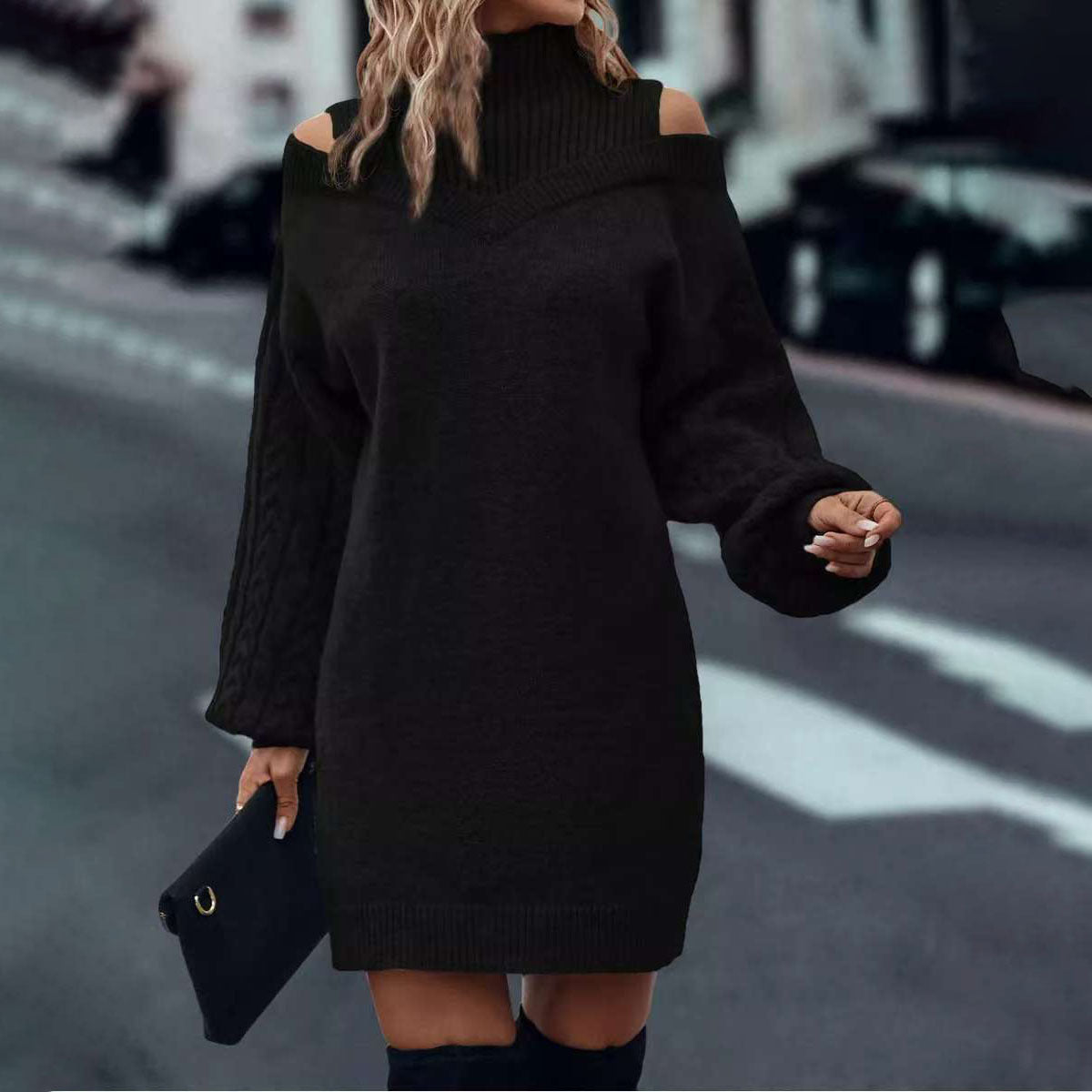 Damen Strickkleid Schulterauschnitte Hochkragen Norvielle