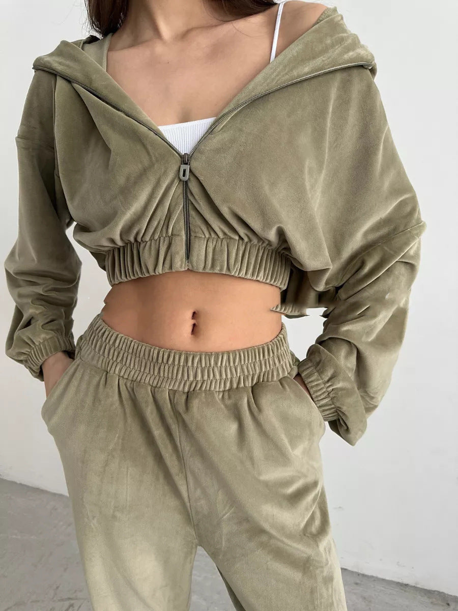 Damen Veloursjacke Elastischer Bund Großer Kragen