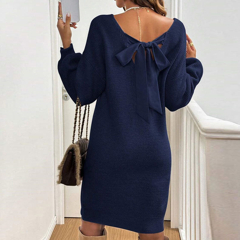 Damen Strickkleid Rückenausschnitt Schleife Norvielle