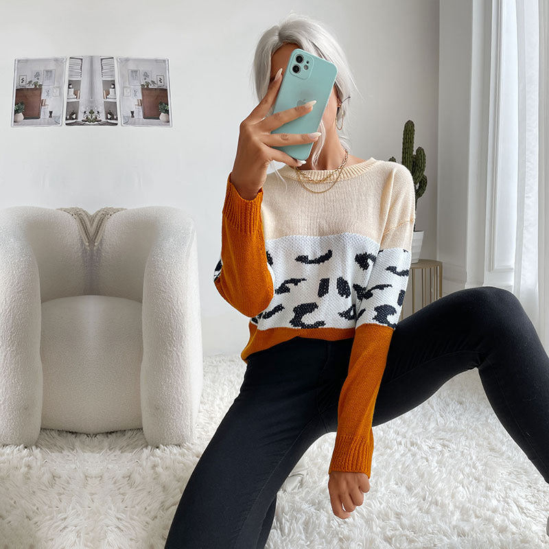 Damen Strickpullover Lässig Farbblock-Design Animal-Muster