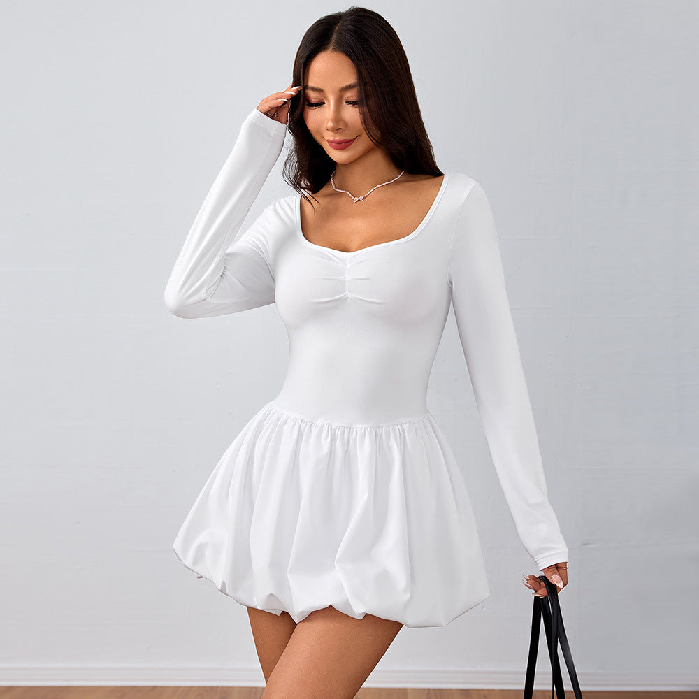 Damen Minikleid Puffärmel V-Ausschnitt Elastisch