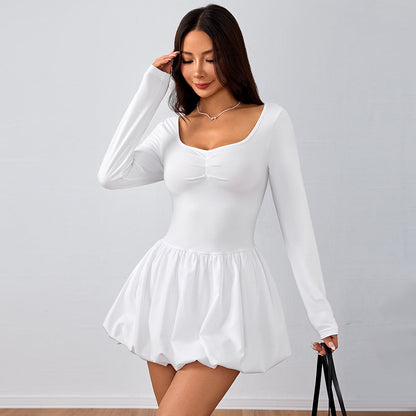 Damen Minikleid Puffärmel V-Ausschnitt Elastisch