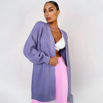 Damen Strickmantel Oversized mit Knöpfen Elegant Beige