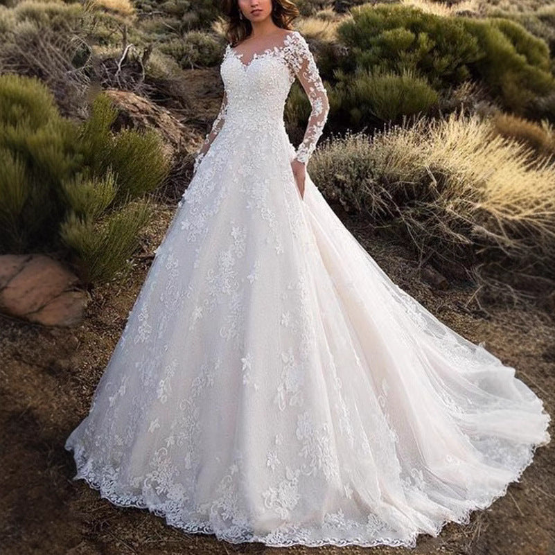 Damen Abendkleid Spitze V-Ausschnitt Lange Ärmel