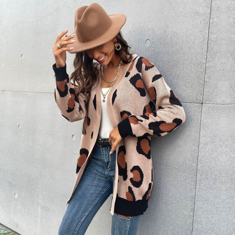 Damen Cardigan Lässig Leopardenmuster Offener Schnitt