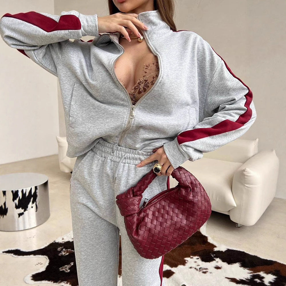 Damen Fleece-Sweat-Set mit hohem Kragen und Streifen Norvielle