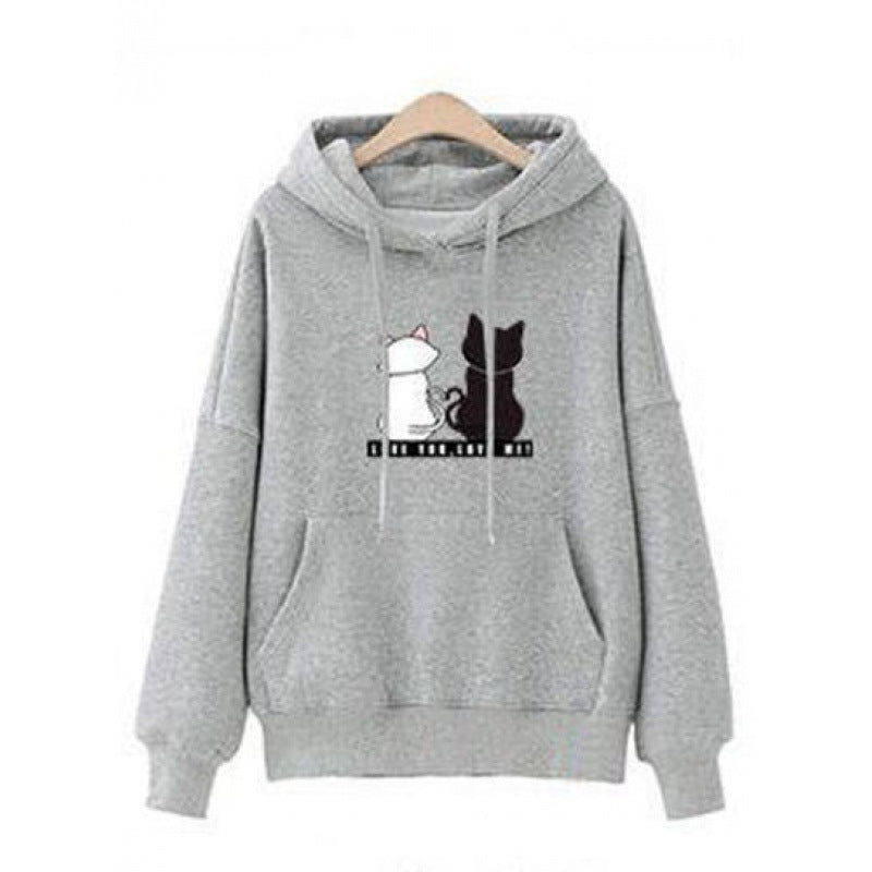 Damen Kapuzenpullover Katzenmotiv Kängurutasche Norvielle