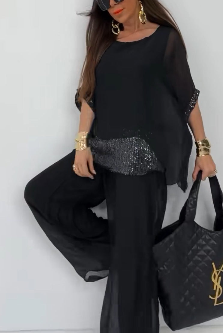 Damen Zweiteiliger Hosenanzug Elegantes Oberteil Glitzer Effekt