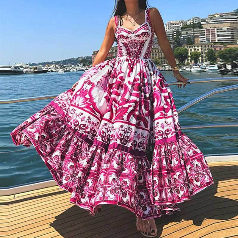 Damen Maxikleid Ornamentales Design Weit Rock