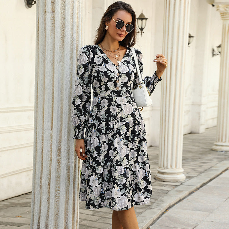 Damen Blumenkleid Rüschendetails Knopfleiste Norvielle