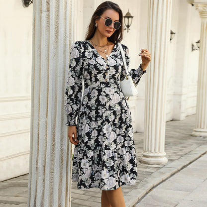 Damen Blumenkleid Rüschendetails Knopfleiste Norvielle