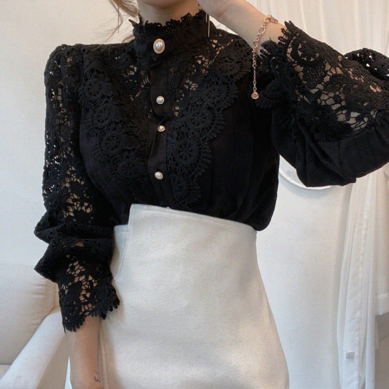 Damen Bluse Spitze Hochkragen Elégant Weiß