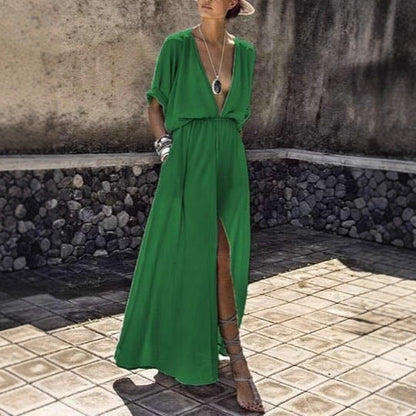 Damen Maxikleid V-Ausschnitt Hochschlitz Norvielle