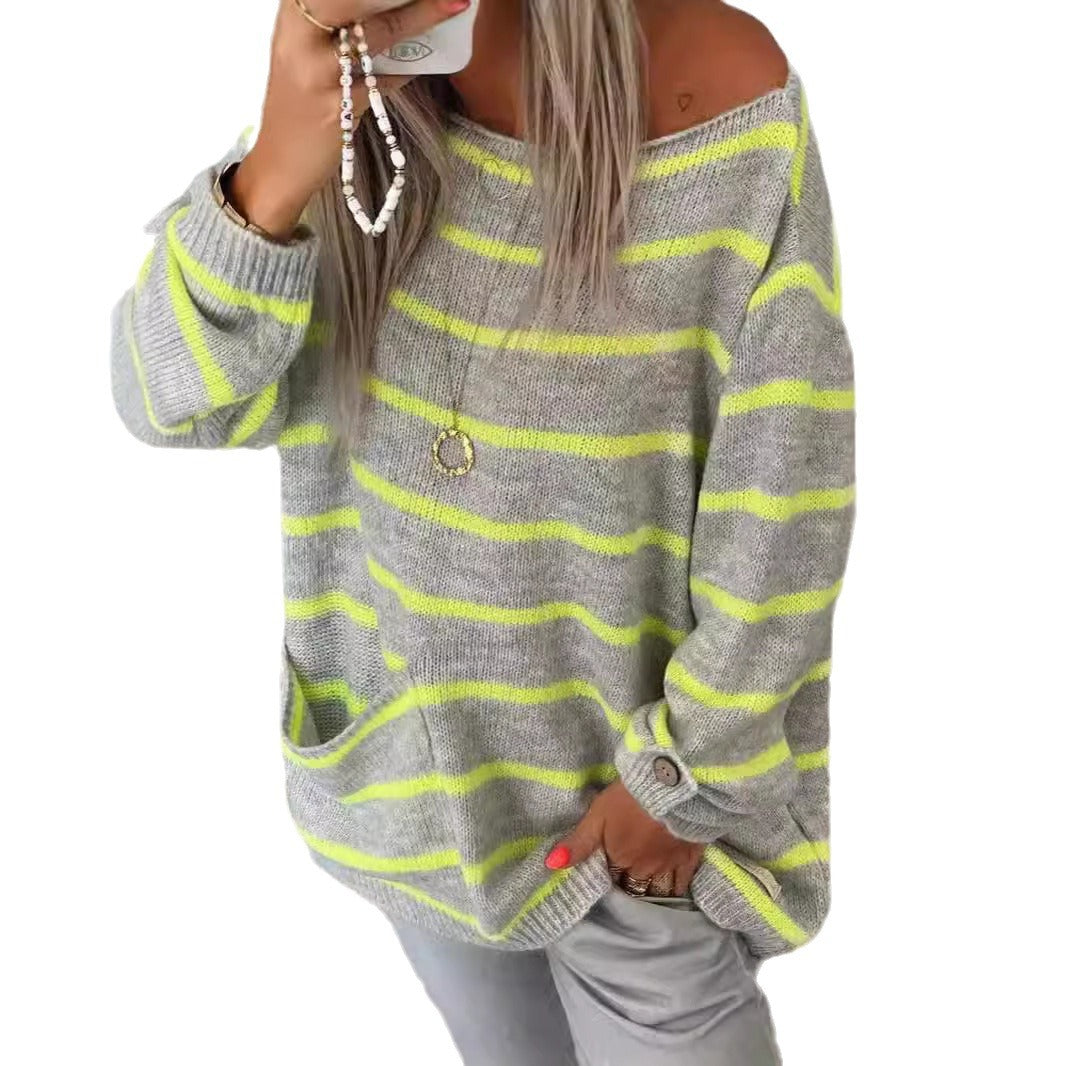 Damen Strickpullover Langer Ärmel Große Taschen Norvielle