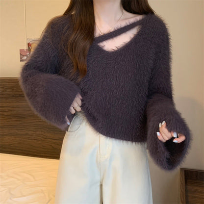 Damen Pullover Flauschig V-Ausschnitt Lässig Norvielle