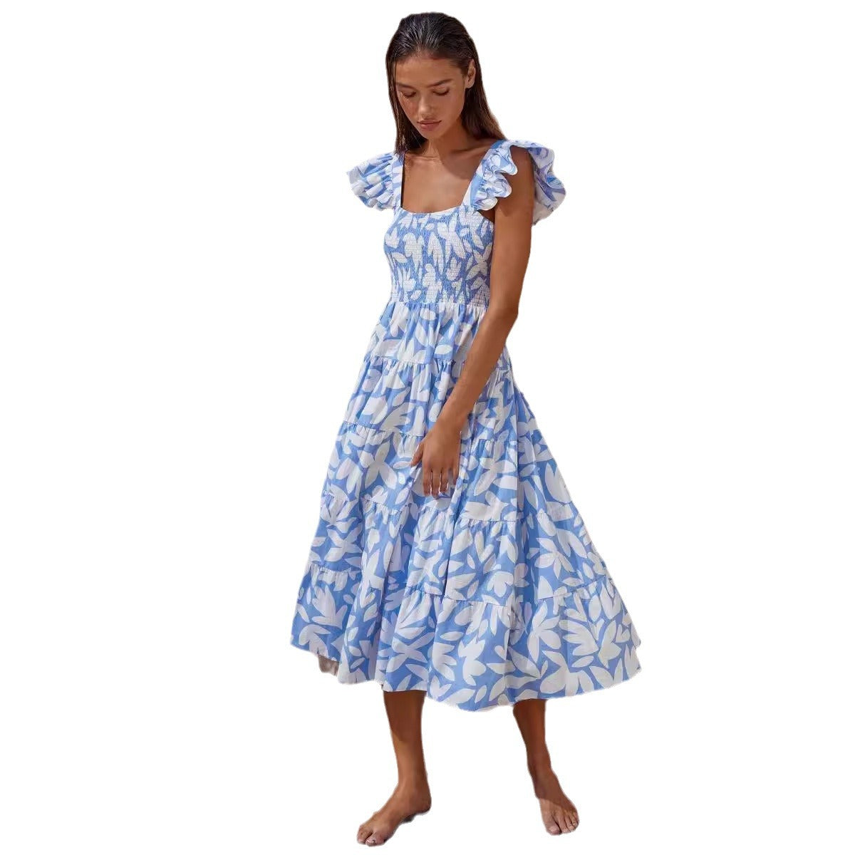 Damen Midi-Kleid aus Leichtem Stoff mit Volantärmeln und schwingendem