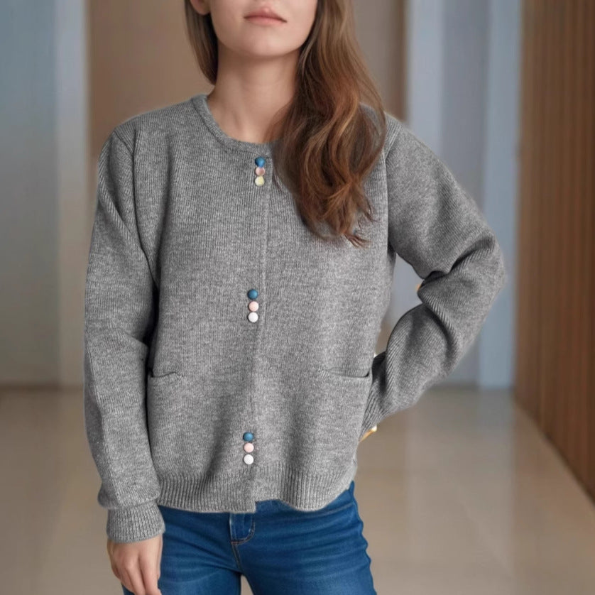 Damen Strickjacke Bunt Knöpfe Taschen Norvielle