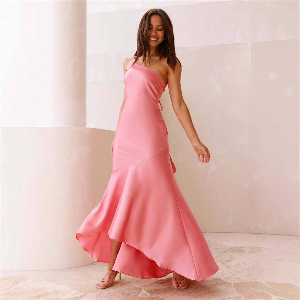 Damen Maxikleid Asymmetrischer Träger Fließender Stoff