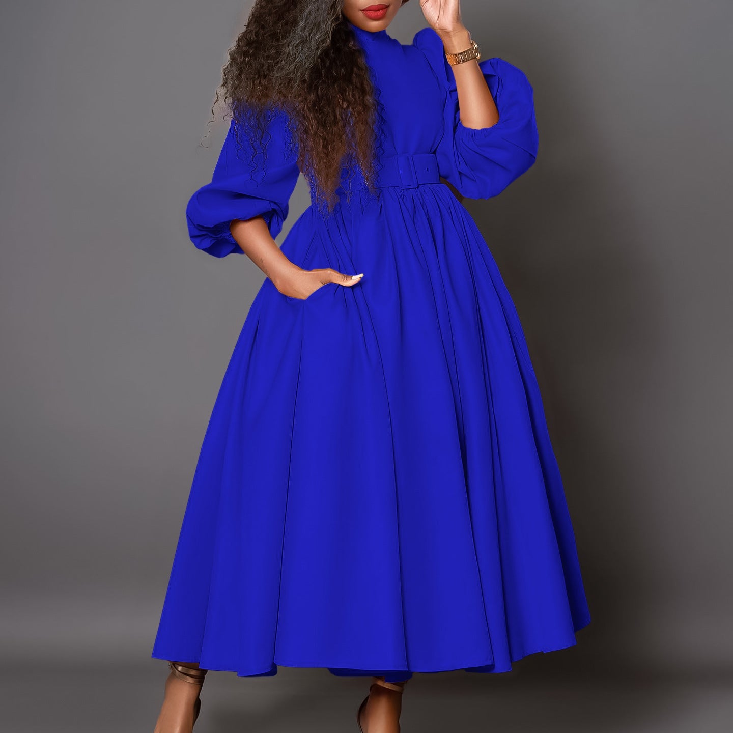 Damen Maxikleid Hochgeschlossener Kragen Abnehmbarer Gürtel Norvielle