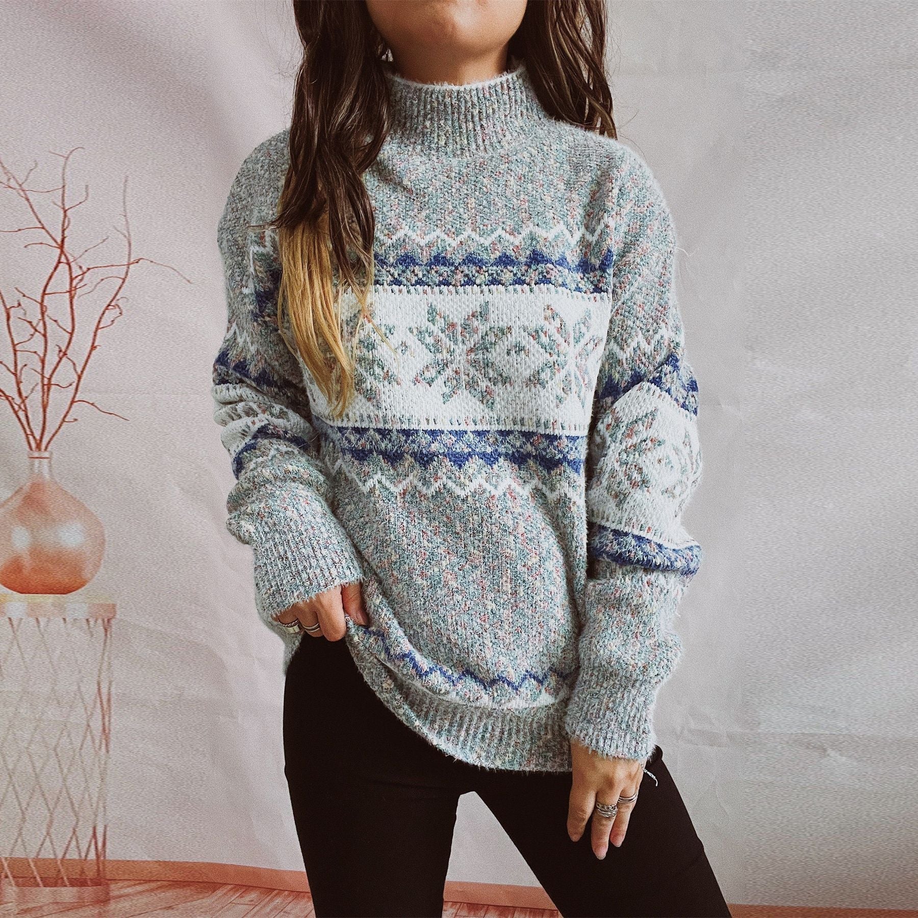 Damen Pullover Gestrickt Geometrisches Muster Norvielle - Norvielle