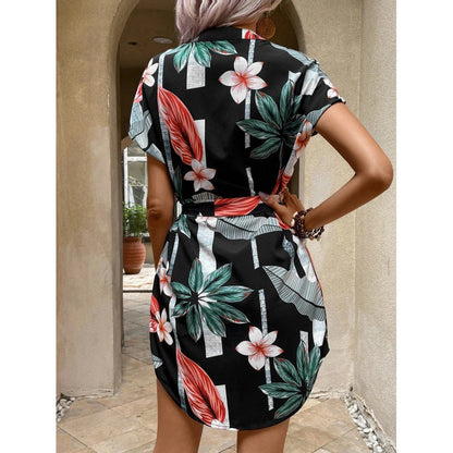 Damen Wickelkleid Blumenmuster Taillengürtel Norvielle