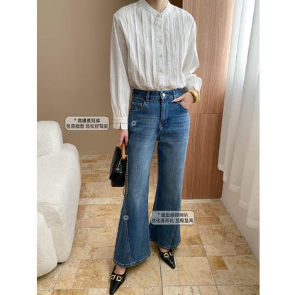 Damen Flared Jeans Hochwertiger Denim Hoher Bund Dunkelblau