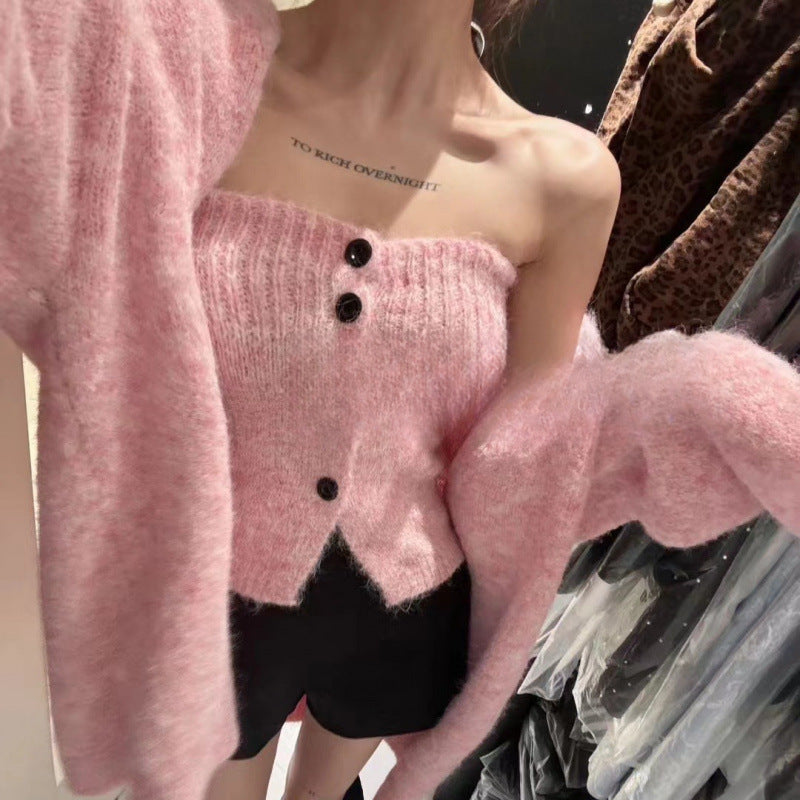 Damen Strickjacke Weit Knöpfe Beige