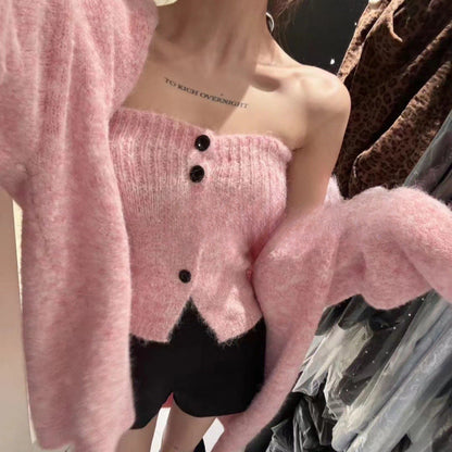Damen Strickjacke Weit Knöpfe Beige