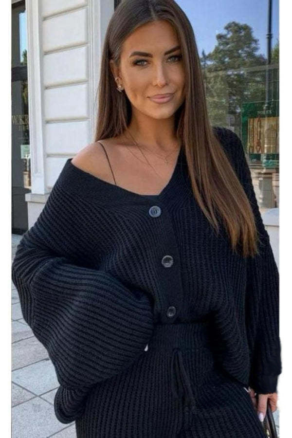 Damen Strick-Loungewear-Set mit Knöpfen Lässig