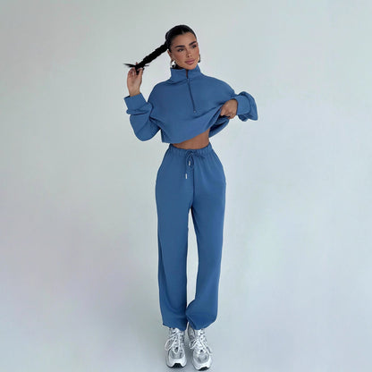 Damen Cropped Sportanzug Hochsteckkragen Reißverschluss