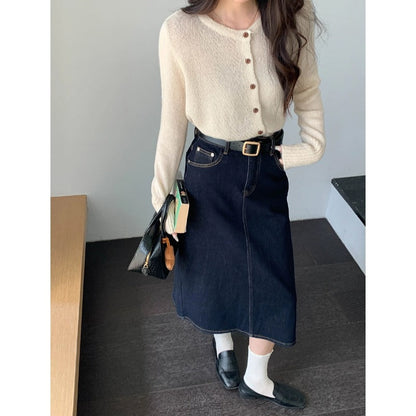 Damen Denim-Midi-Rock Hohe Taille Ausgestellter Schnitt