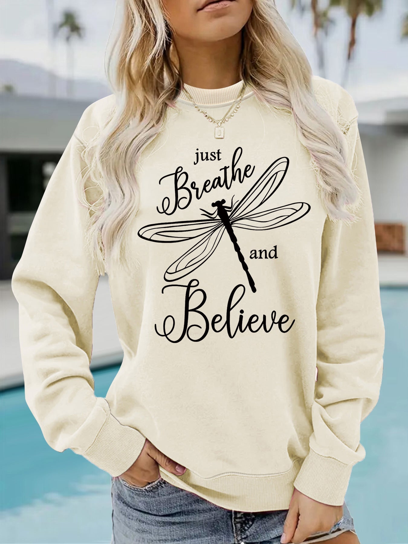 Damen Sweatshirt Drachenfliegen-Motiv Lässiger Schnitt Grau
