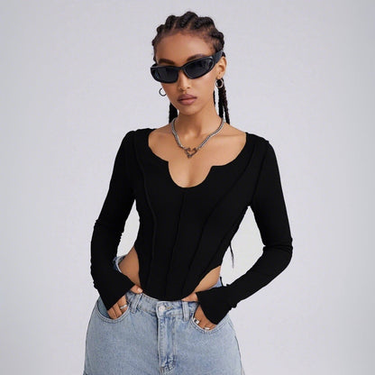 Damen Langarm Bodysuit V-Ausschnitt Cut-Out-Details Schwarz - Norvielle