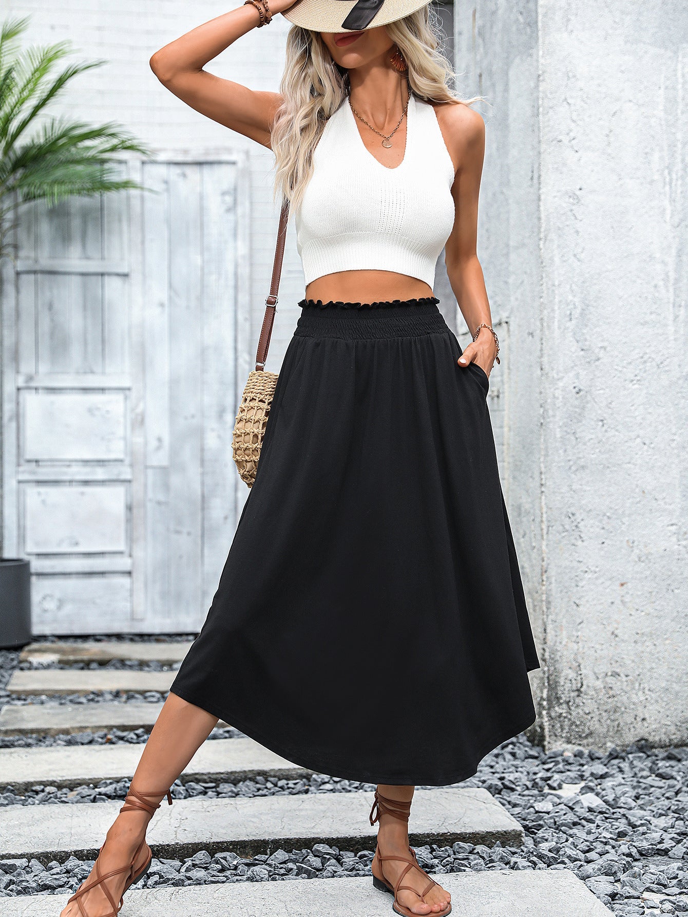 Damen Midirock Elastischer Bund Praktische Seitentaschen