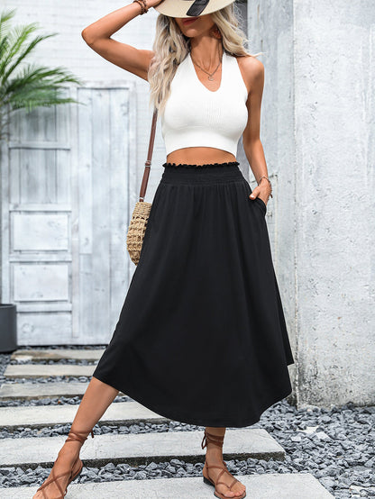 Damen Midirock Elastischer Bund Praktische Seitentaschen