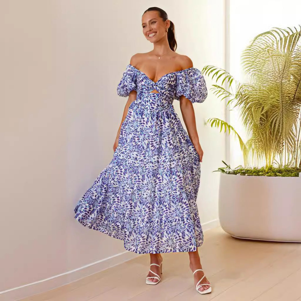 Damen Maxikleid Schulterfreies Design Puffärmel Norvielle