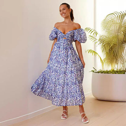 Damen Maxikleid Schulterfreies Design Puffärmel Norvielle