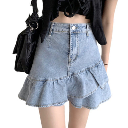 Damen Jeansrock Voluminöser Rüschensaum Knopfbarem Bund