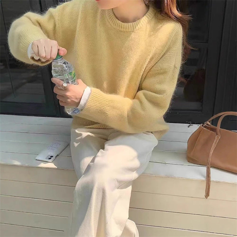 Damen Oversized Pullover Rundhals Kuschelfleece Beige
