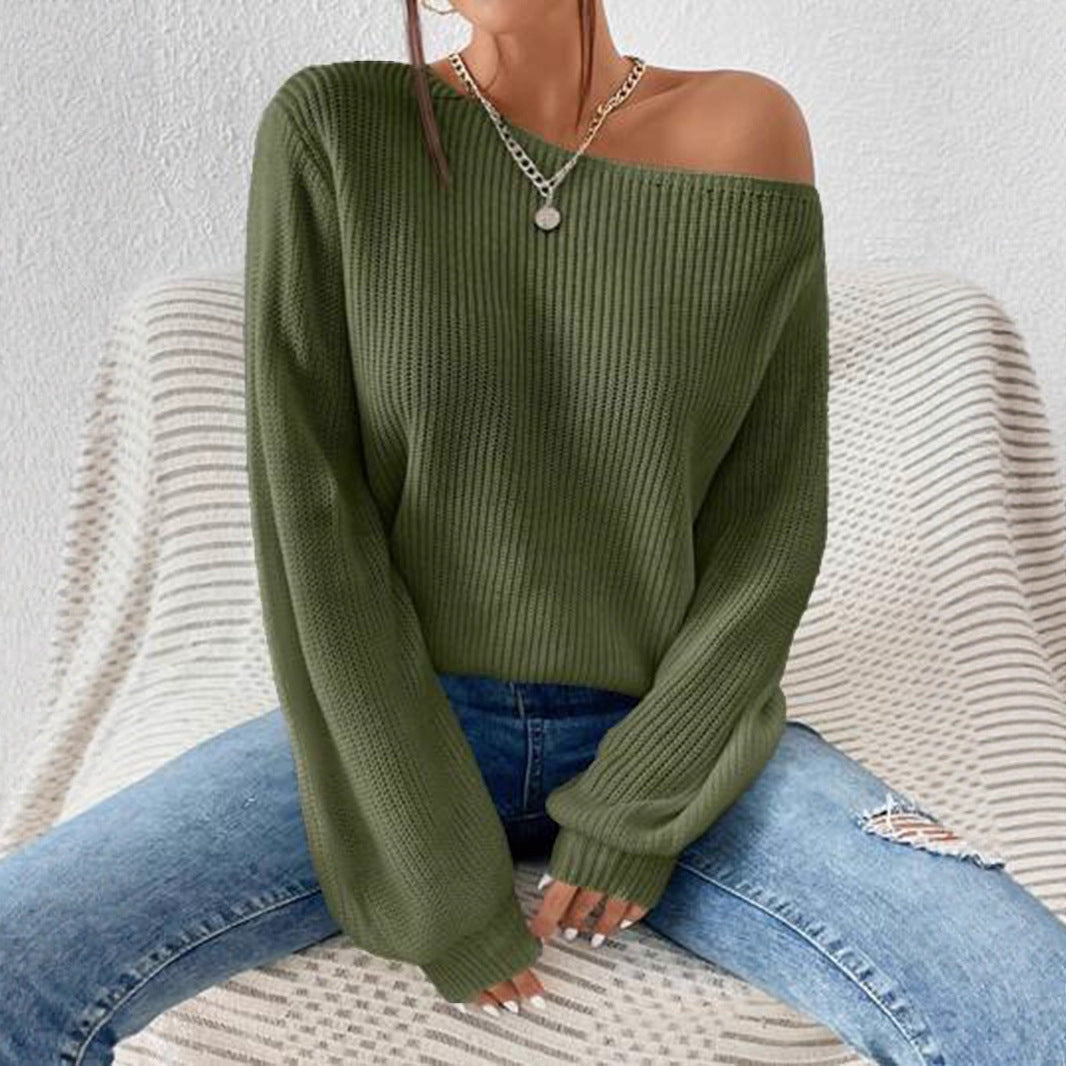 Damen Strickpullover Lässig Weit Offene Schulter Beige